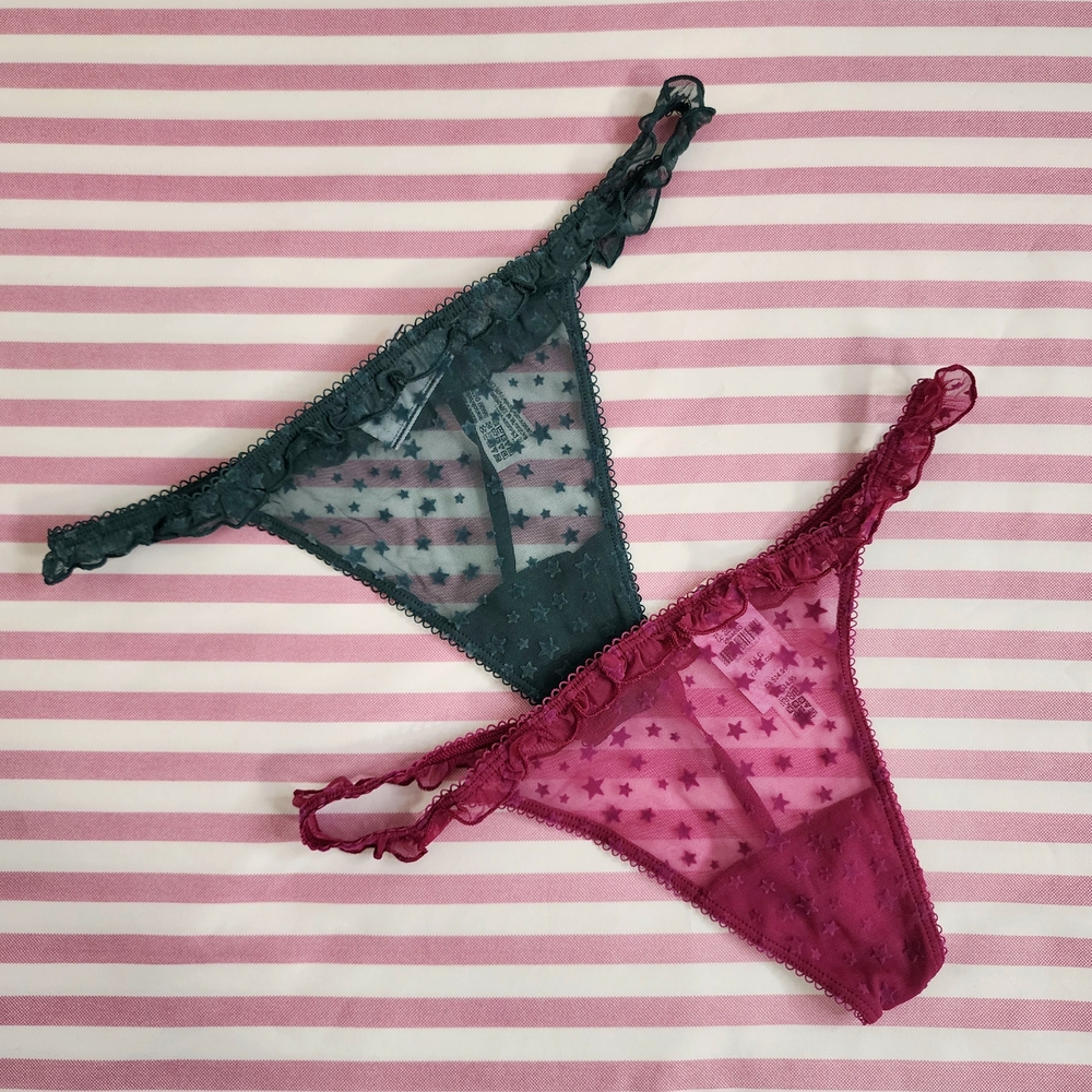 PINK Victoria's Secret Sheer Star Patterned  V-String Thong Panties Size Large